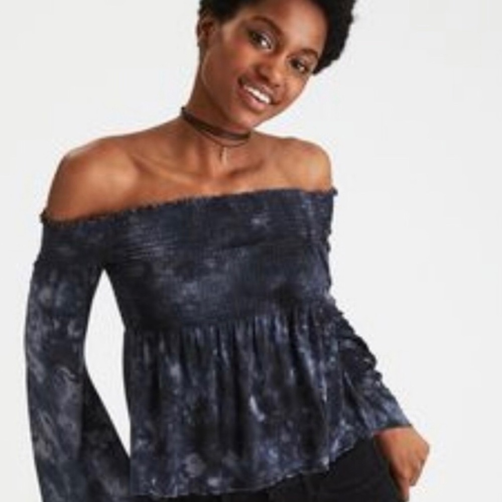 AEO NWT Navy Tie Dye Off the Shoulder Bell Sleeve